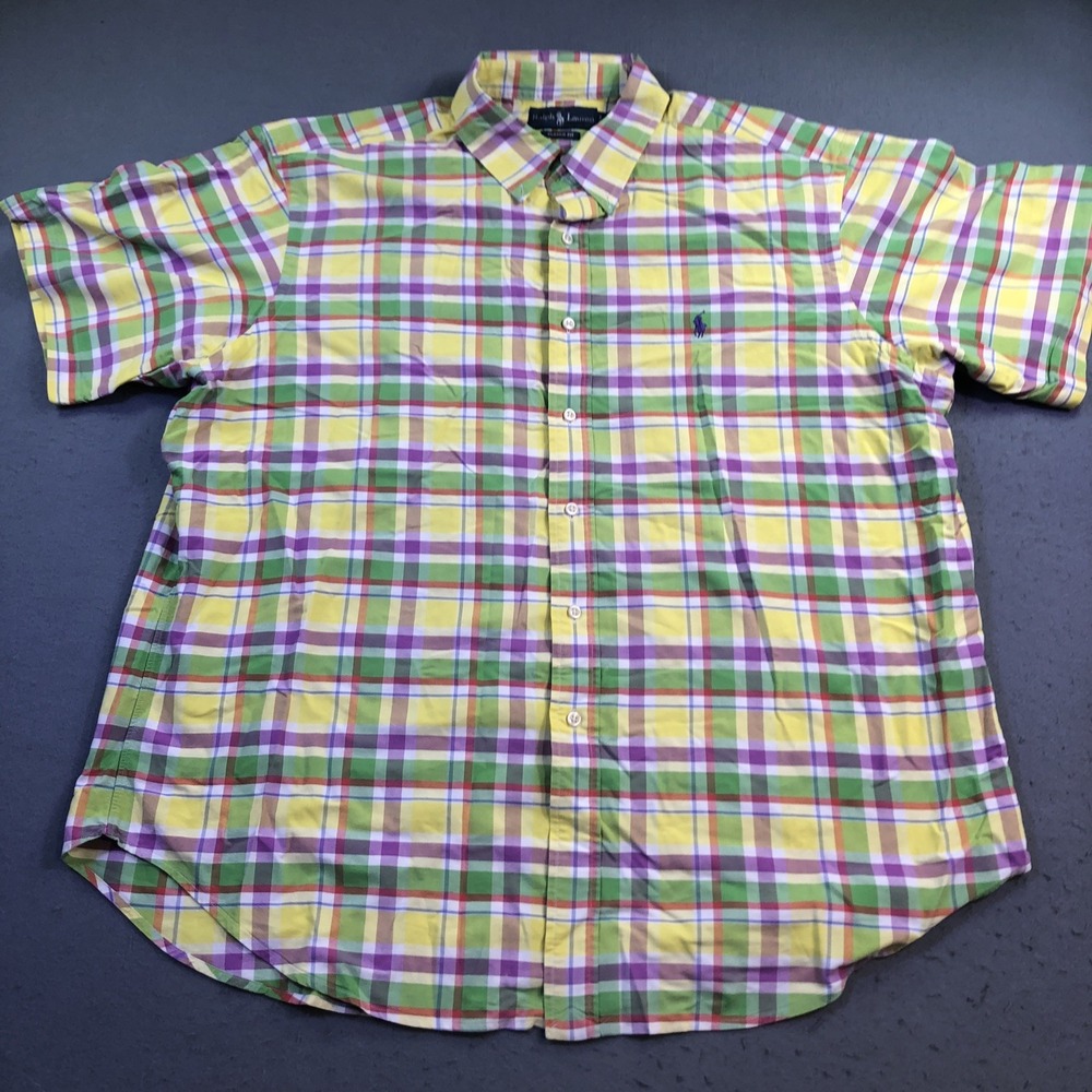 Ralph Lauren Men XXL Classic Fit Short Sleeve PINK Plaid Button Front Shirt